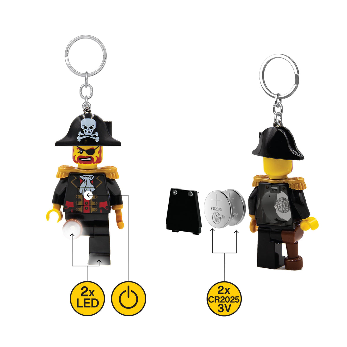 IQ LEGO Captain Brickbeard beside a standard key for clear size comparison