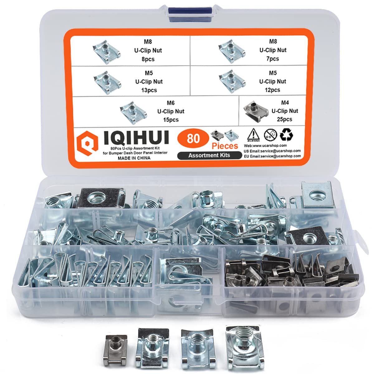 IQIHUI front packaging of 80PCS U-clip kit showing contents and sizes for quick selection