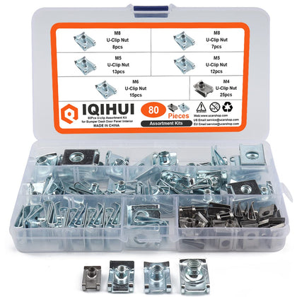 IQIHUI front packaging of 80PCS U-clip kit showing contents and sizes for quick selection