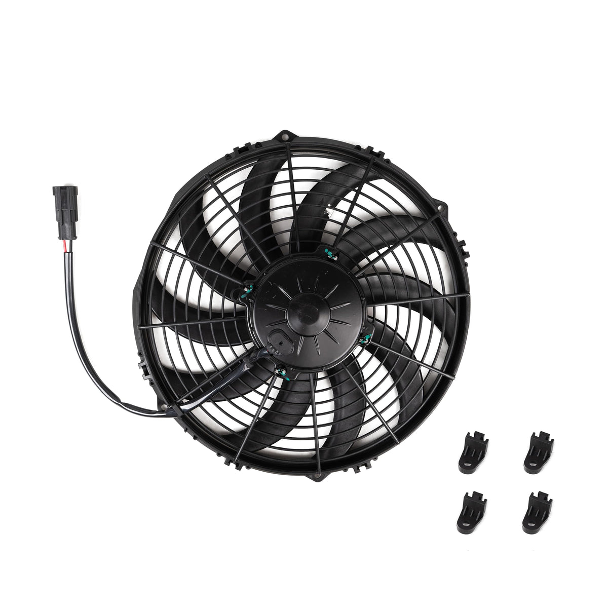 IRIEQU condenser fan front view showing full assembly and fitment benefit