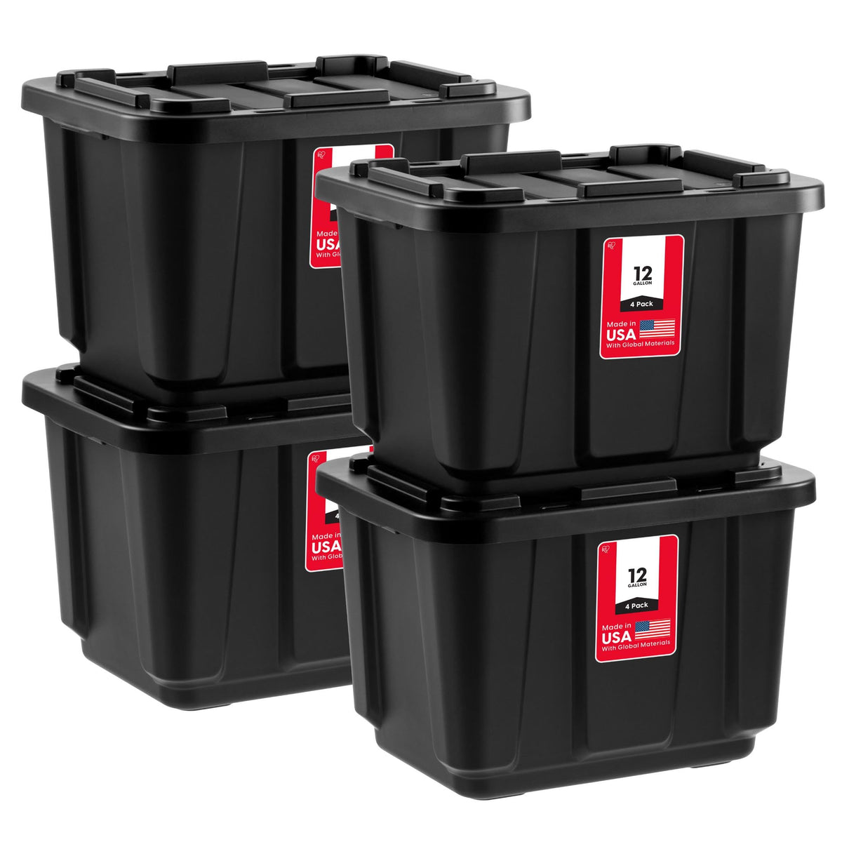 IRIS USA front view of four black 12-gallon totes showing stackability benefit