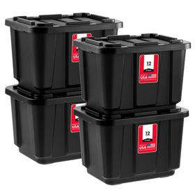 IRIS USA front view of four black 12-gallon totes showing stackability benefit