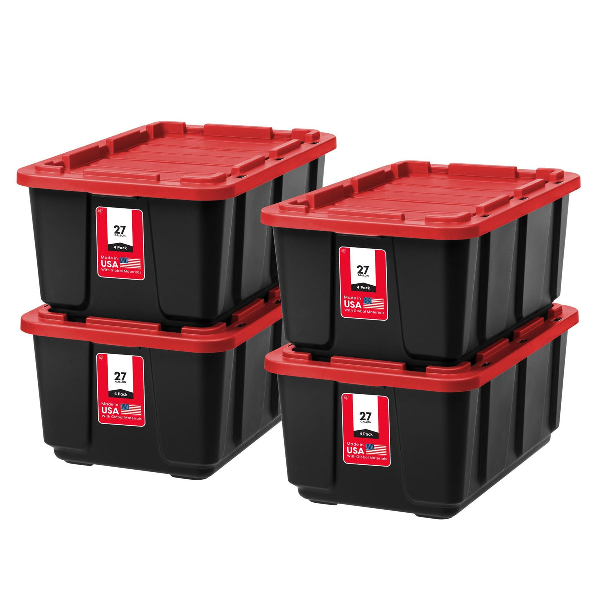IRIS USA front view of 4-pack red totes showing uniform storage