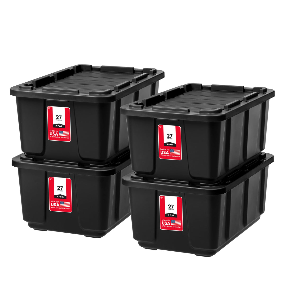 IRIS USA front view of four-pack tote bins showing durable design and capacity