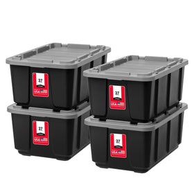 IRIS USA front view of gray 27 gallon tote showing sturdy build and lid benefit