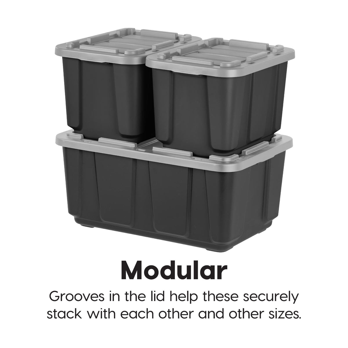 IRIS USA multiple stacked loaded bins showing stable vertical storage benefit