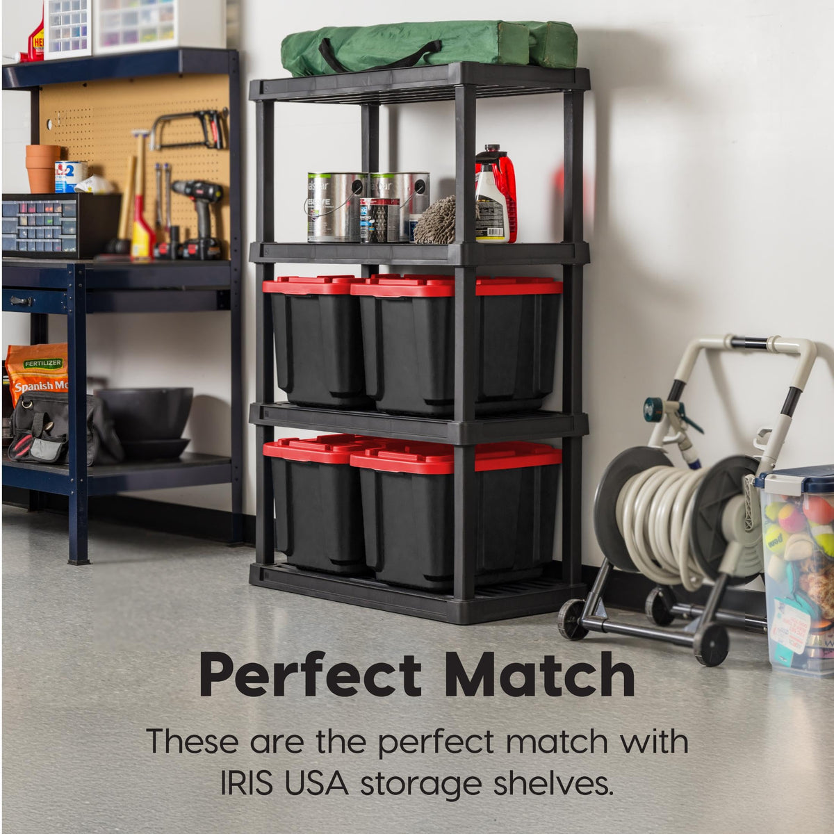 IRIS USA stacked totes in garage showing stable interlocking for vertical storage
