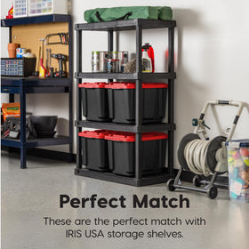 IRIS USA stacked totes in garage showing stable interlocking for vertical storage