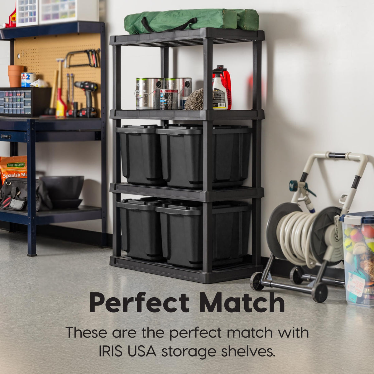 IRIS USA tote stored on garage shelf showing efficient space use benefit