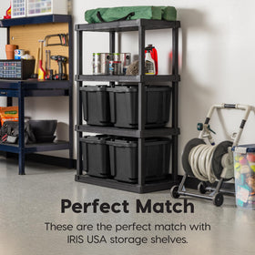 IRIS USA tote stored on garage shelf showing efficient space use benefit