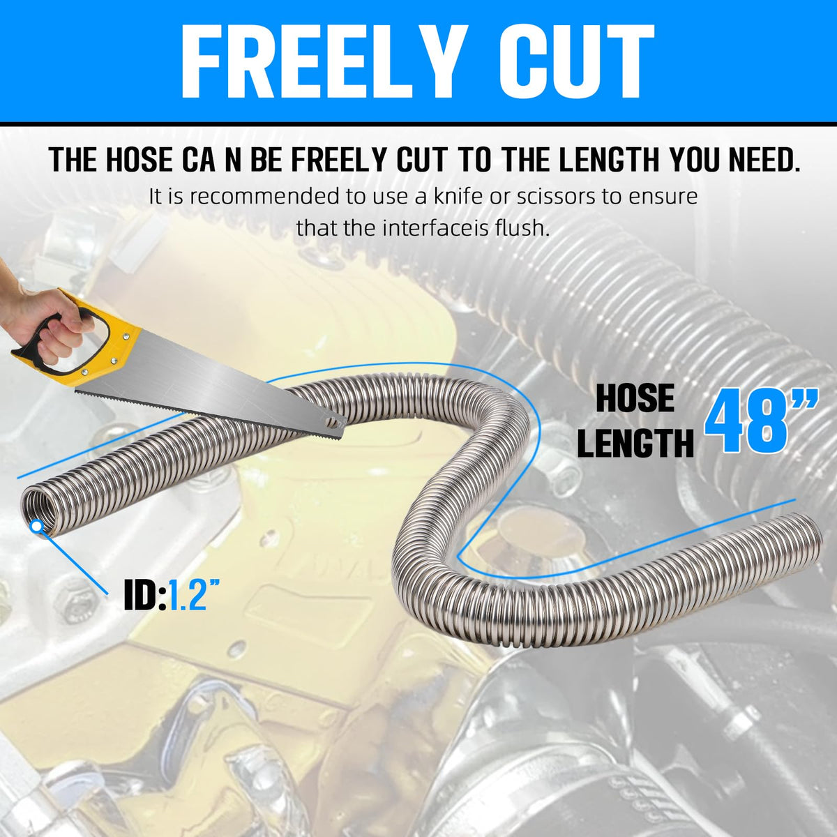 iRKY hose next to tape measure showing 48-inch length and cut-to-fit flexibility