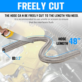 iRKY hose next to tape measure showing 48-inch length and cut-to-fit flexibility