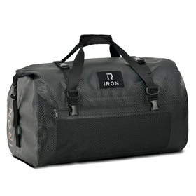 IRON JIA'S front view of waterproof duffel showing durable construction and organized storage benefit