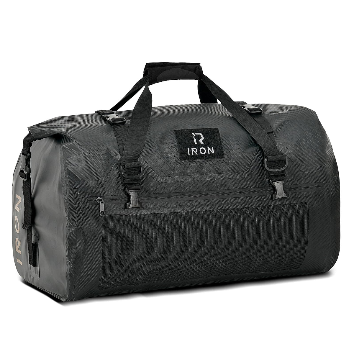 IRON JIA'S front view of waterproof duffel showing sturdy build and roll-top benefit