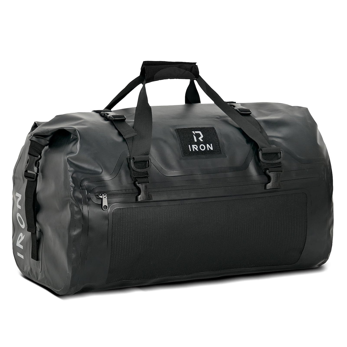 IRON JIA'S front view roll-top duffel showing waterproof protection and secure closure