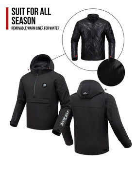 IRON JIA'S detachable hood and collar construction adding weather protection benefit