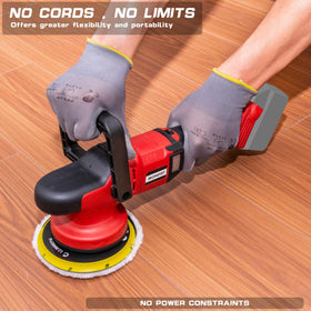 IRONFIST polisher next to a hand for scale showing compact, ergonomic size