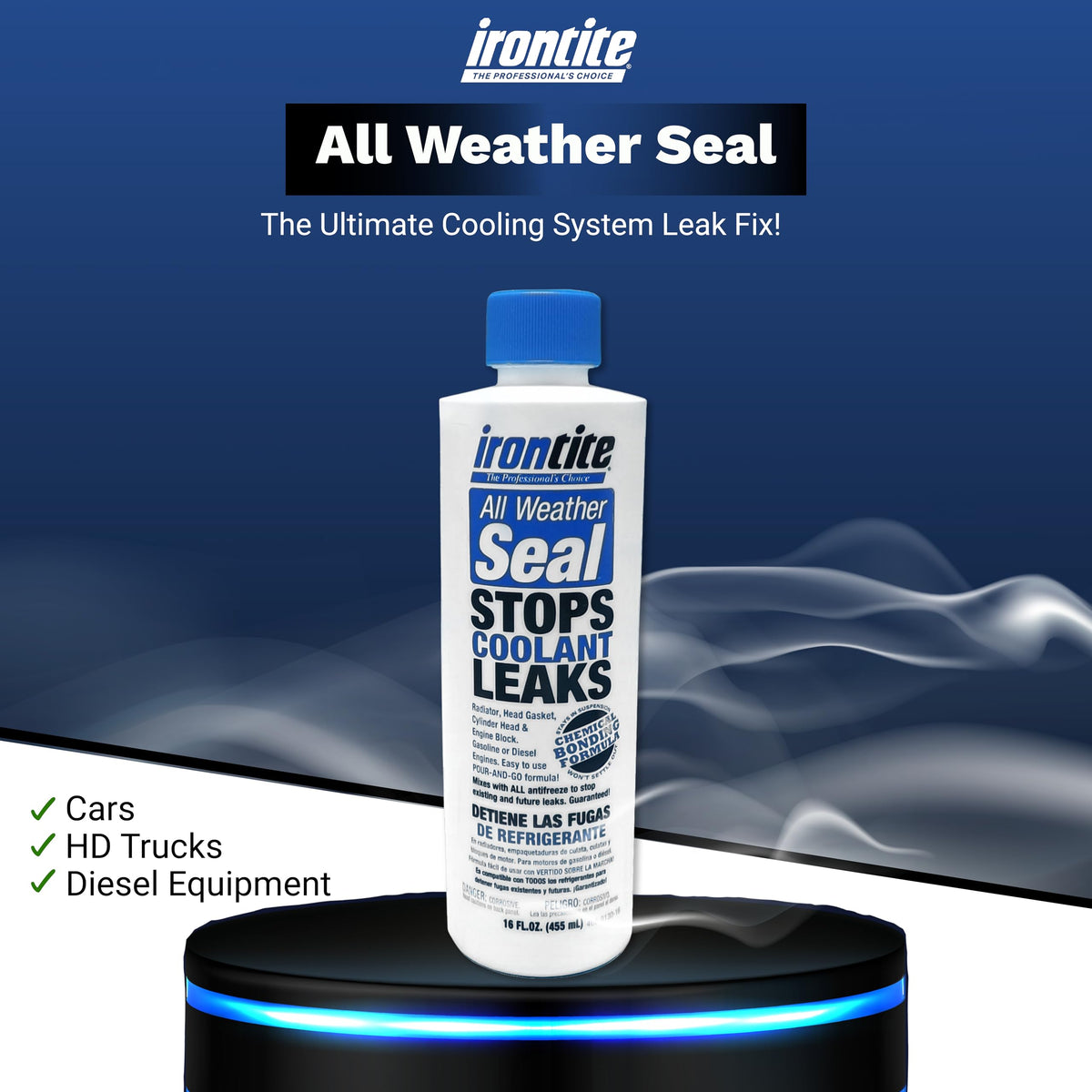 IRONTITE being poured into coolant reservoir for quick leak repair