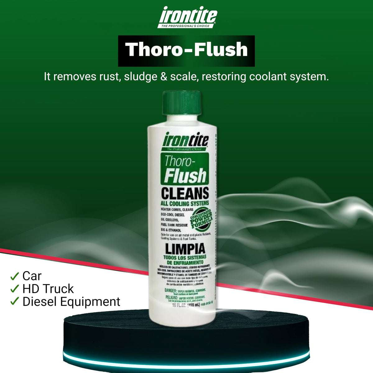 IRONTITE Thoro-Flush powder texture close-up illustrating concentrated formula