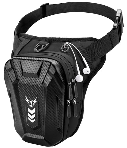 ISEYOU front view of leg bag showing secure hard shell and pockets, durable protection