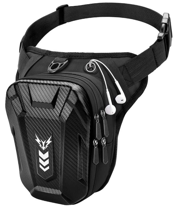 ISEYOU front view of leg bag showing secure hard shell and pockets, durable protection