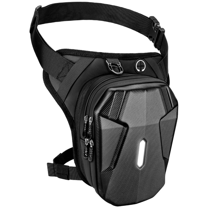 ISEYOU front view of thigh bag showing compact profile and pockets, ideal for quick access