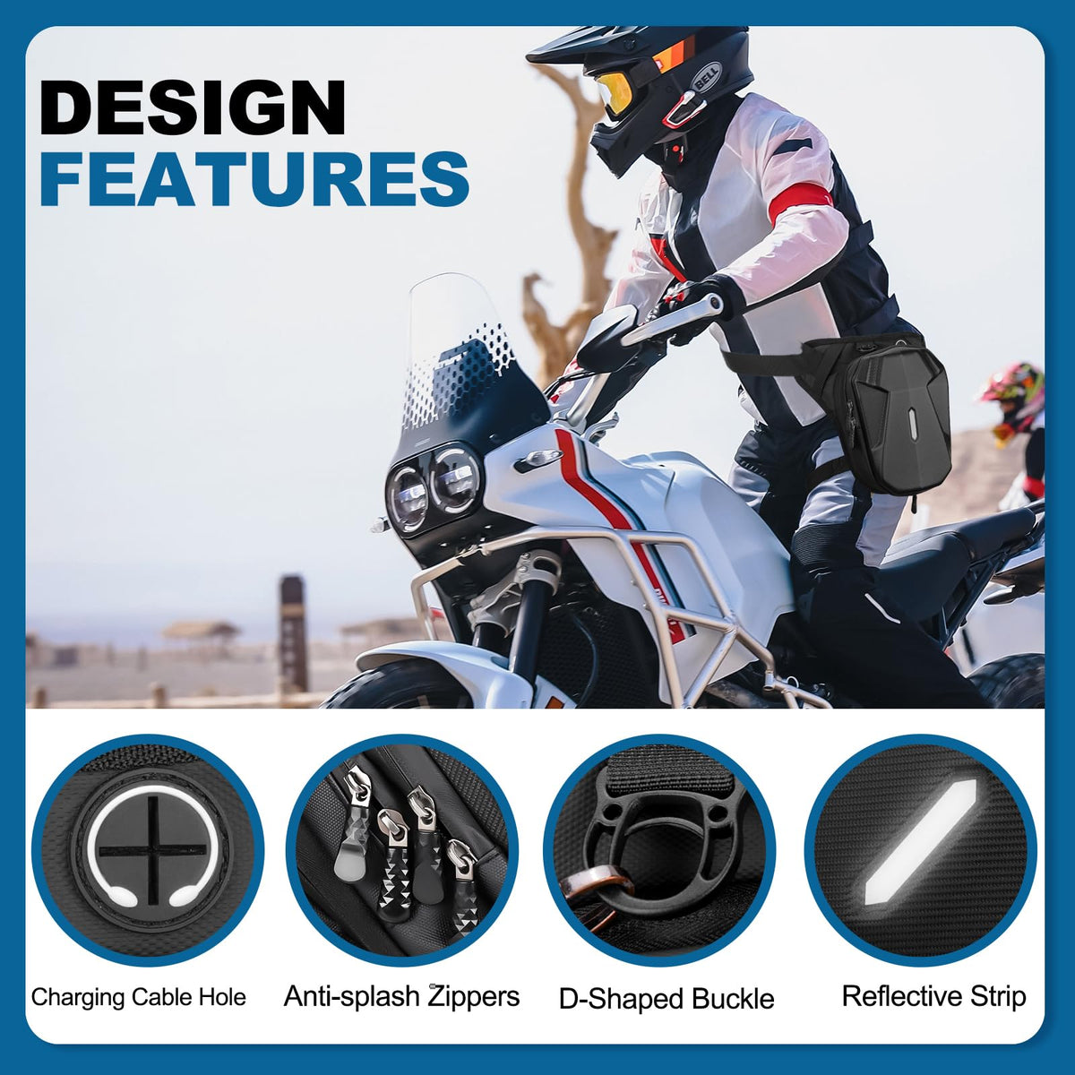 ISEYOU thigh bag worn while motorcycle riding offering hands-free storage and safety