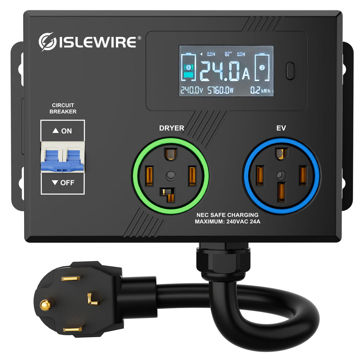 islewire front view of splitter showing plug and dual outlets for easy shared charging