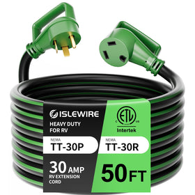 islewire front view of 50ft cord showing length and connectors, ensures reliable campsite reach