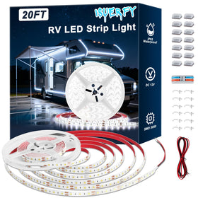 ISUERFY front packaging of the 20ft RV awning LED strip kit showing contents and benefits