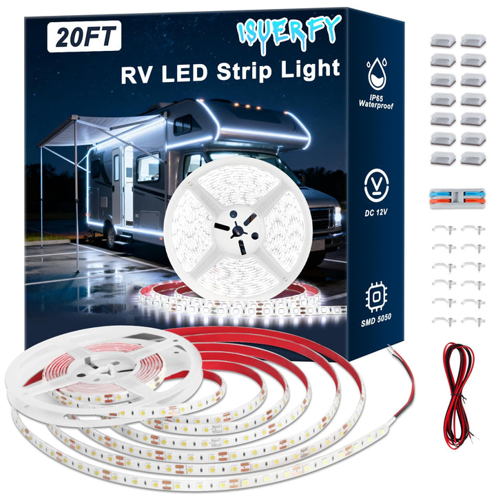 ISUERFY front packaging of the 20ft RV awning LED strip kit showing contents and benefits