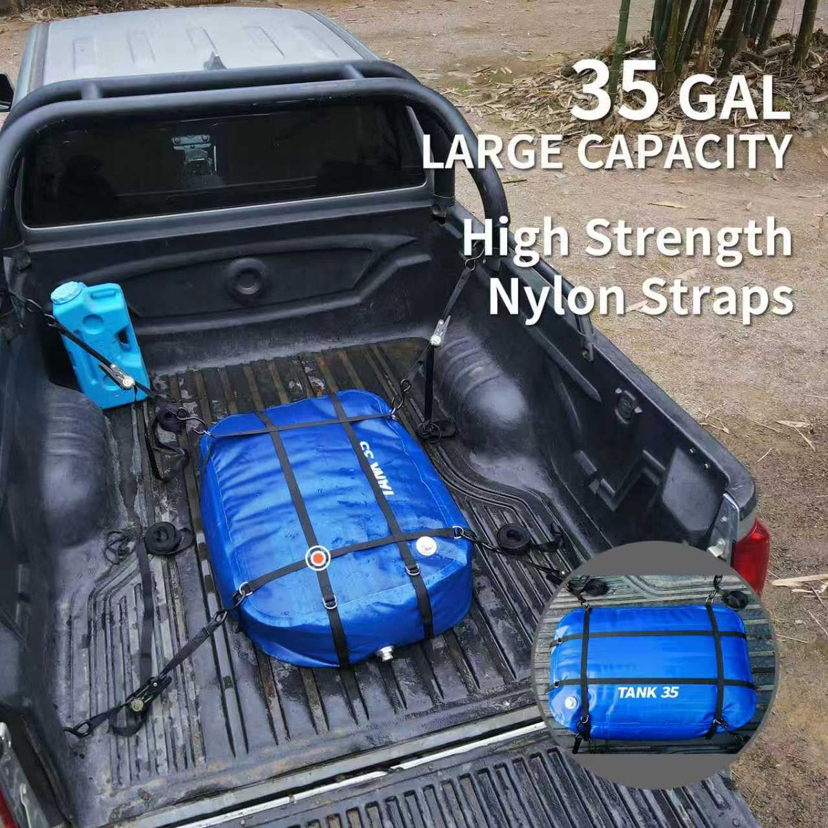 ITRAZ nylon straps and stainless D-rings for secure truck bed mounting