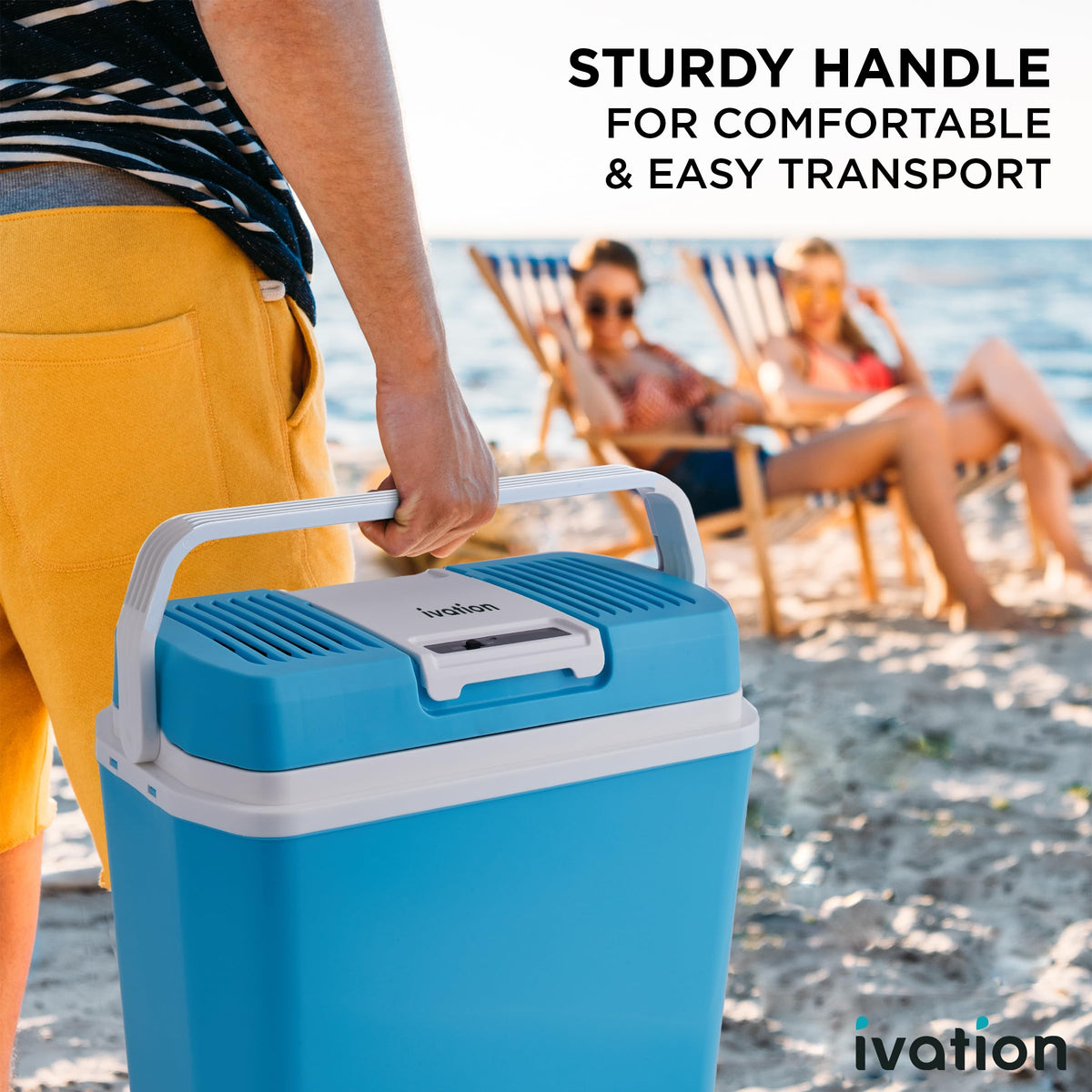 Ivation cooler in car trunk showing travel-ready cooling and warming benefit