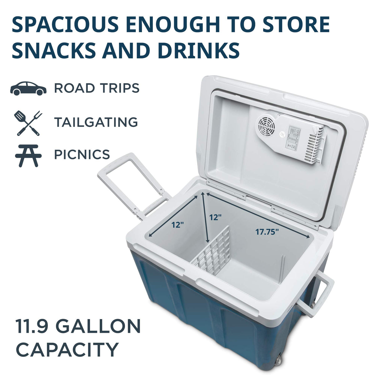 Ivation top open interior with cans and bottles demonstrating roomy 45L capacity