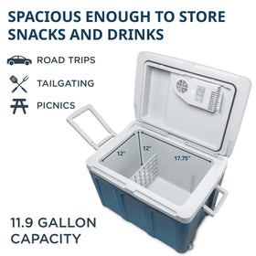 Ivation top open interior with cans and bottles demonstrating roomy 45L capacity