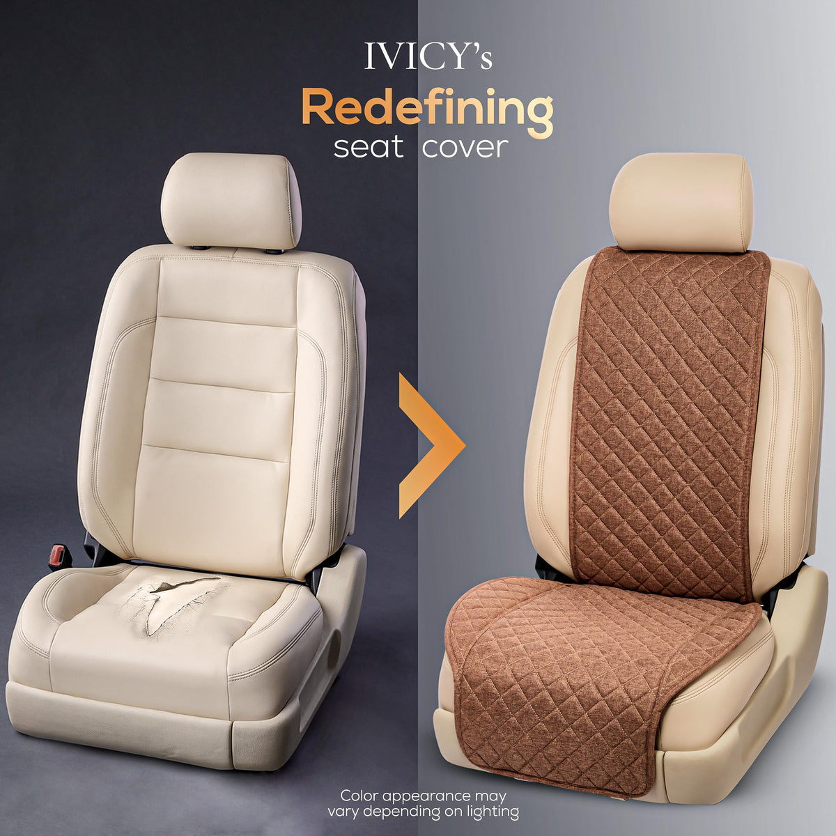 IVICY seat cover beside steering wheel showing correct size fit