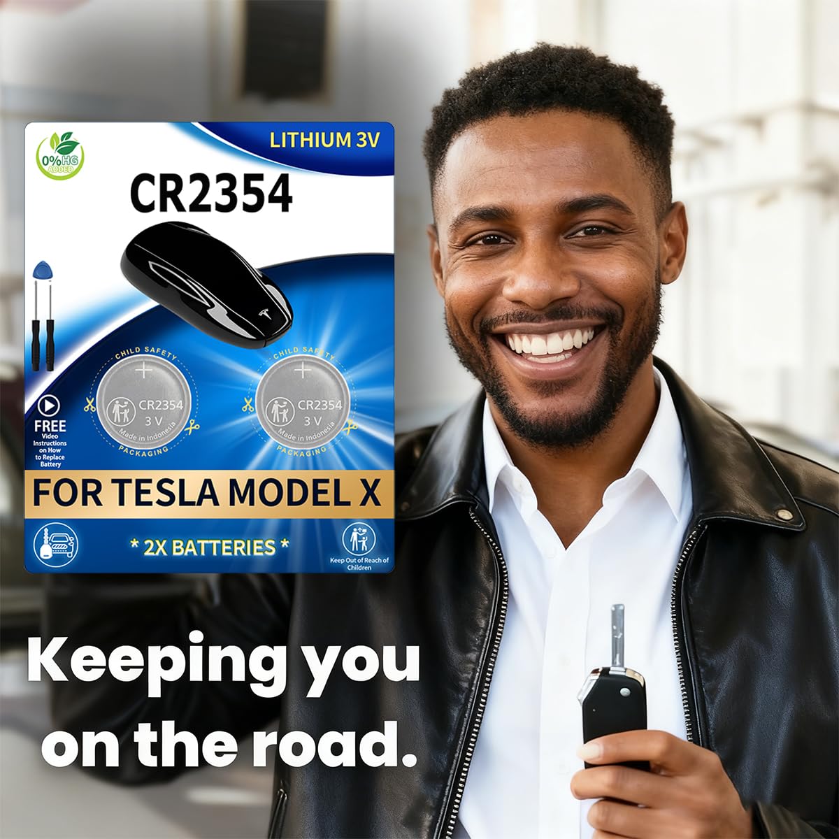 IYUKETROR key fob beside Tesla Model X in lifestyle scene showing convenience