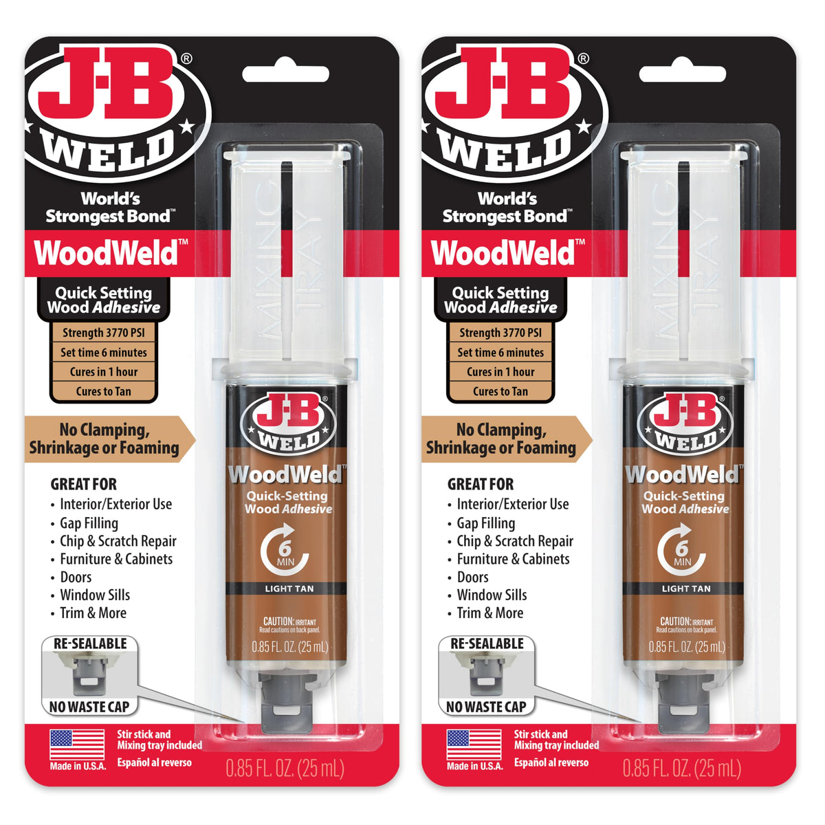 J-B Weld WoodWeld front packaging showing product and benefit fast wood repairs