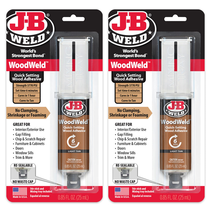J-B Weld WoodWeld front packaging showing product and benefit fast wood repairs