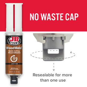 J-B Weld WoodWeld syringe beside a coin showing compact 25ml size advantage