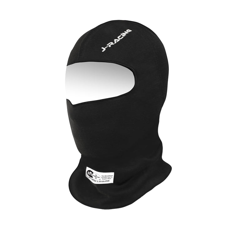 J-RACING balaclava front view showing slim fit and helmet compatibility benefit