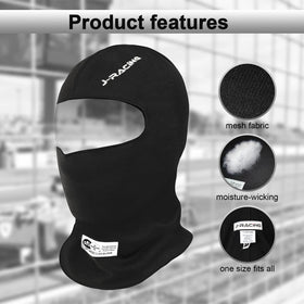 J-RACING balaclava worn under helmet demonstrating secure fit and protection