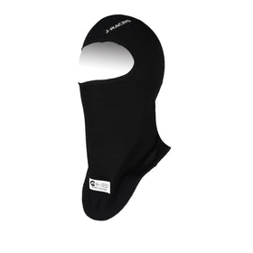 J-RACING front view of balaclava showing sleek black profile and snug fit benefit