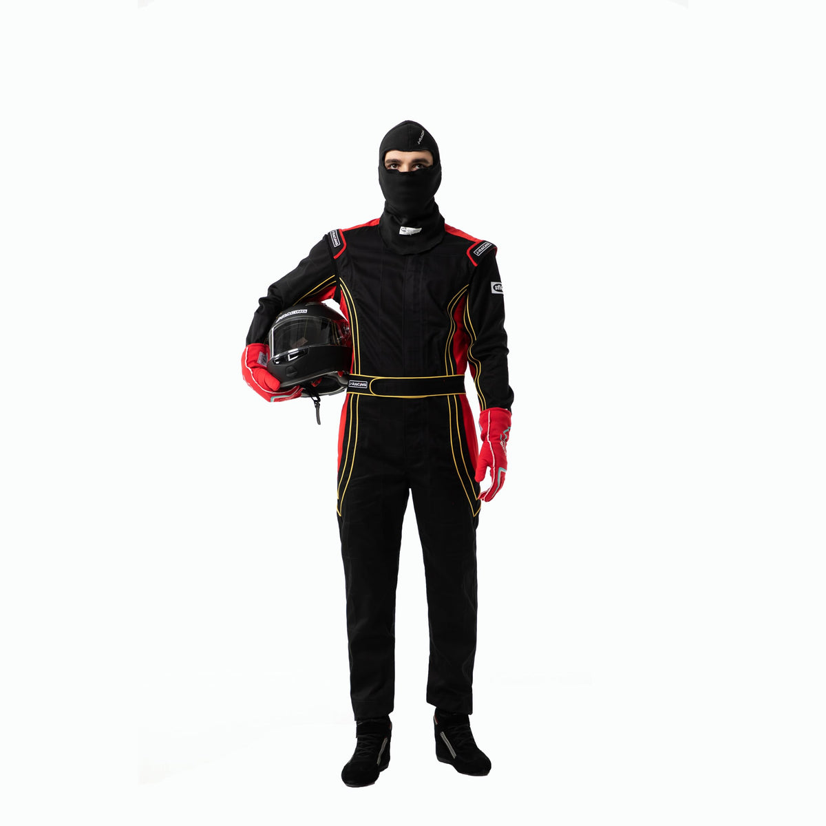 J-RACING balaclava in a race garage setting showing professional use and durability benefit