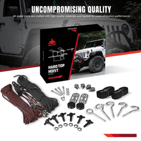 Jack Boss hoist installed on ceiling lifting a Jeep hardtop to save garage floor space