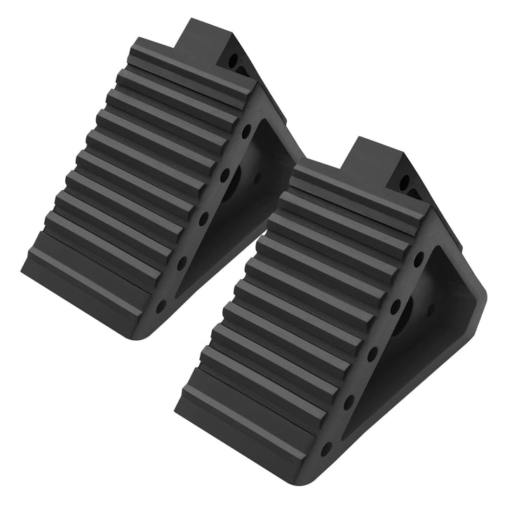 Jack Boss front view of two rubber wheel chocks showing shape and size for stable parking
