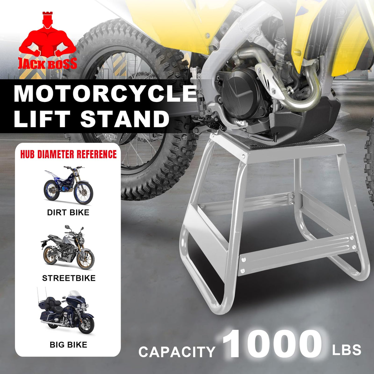 Jack Boss stand lifting a dirt bike demonstrating safe maintenance access