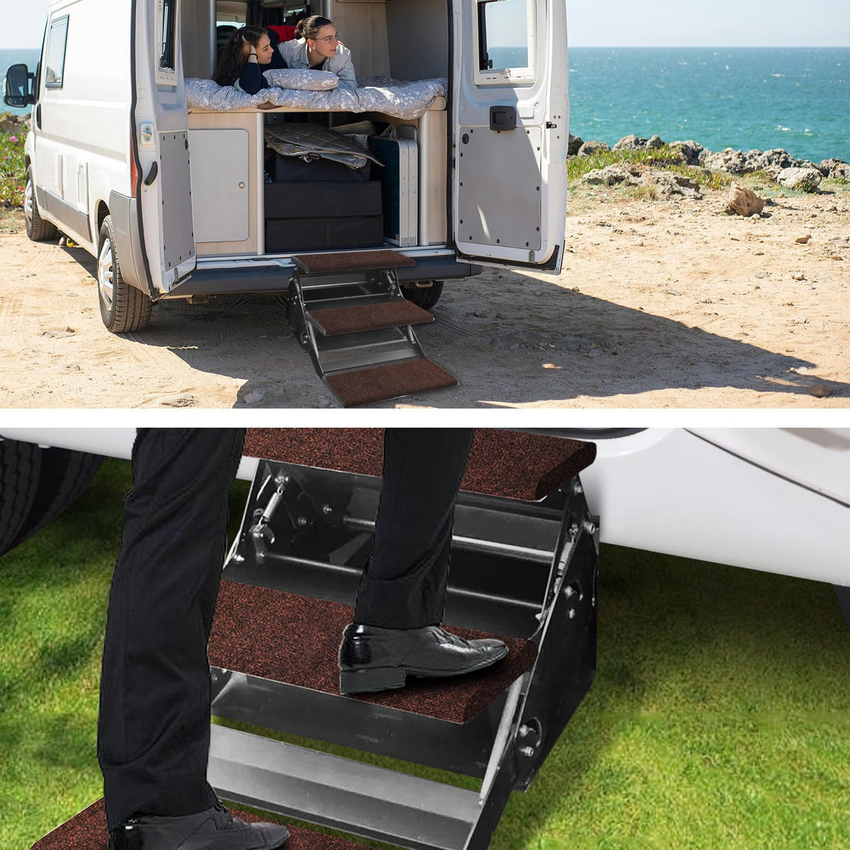 Jack Boss step cover on camper step with dog entering showing protection and cleanliness