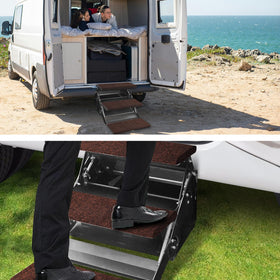 Jack Boss step cover on camper step with dog entering showing protection and cleanliness