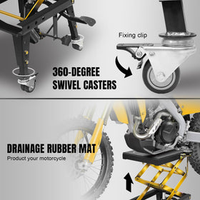 Jack Boss lift holding a motorcycle in a garage for easier maintenance